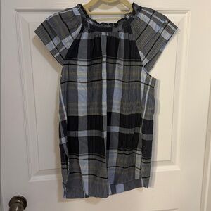 Ann Taylor blue plaid top blouse featuring cap sleeves and ruffle details Size S